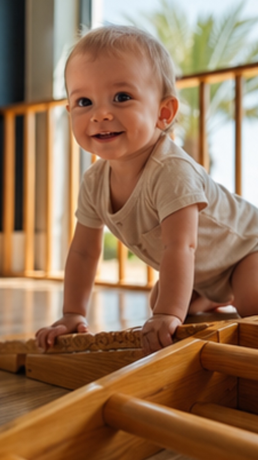 Bebê engatinhando e sorrindo na Casa do Ninho