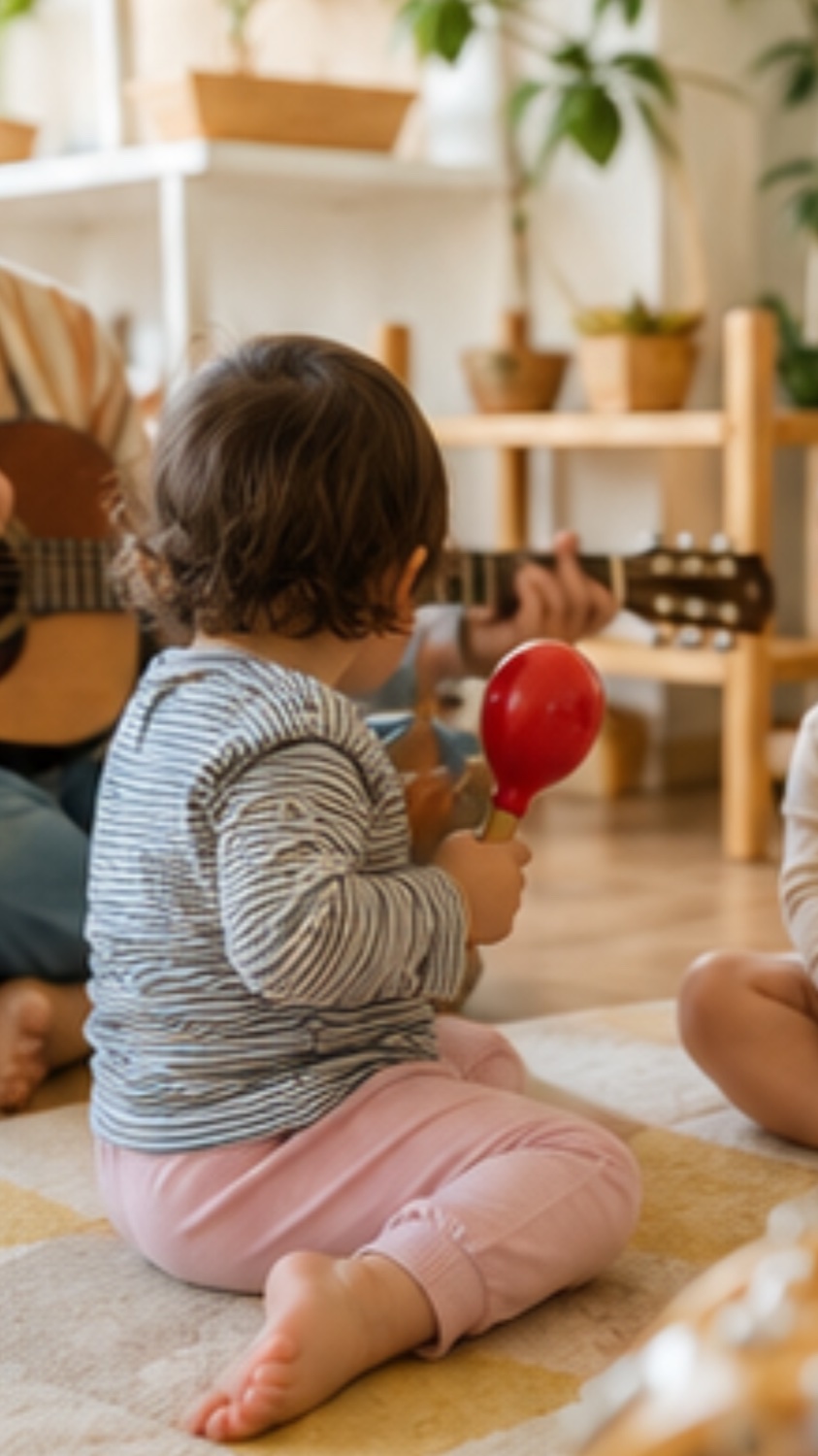 Bebê explorando uma maraca na Casa do Ninho